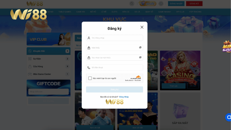 Điền thông tin đăng ký tài khoản WI88