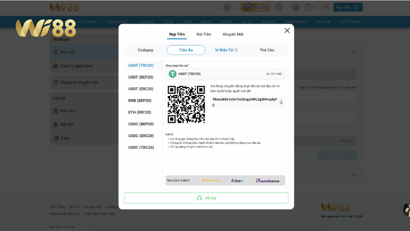 Chú ý quan trọng khi nạp tiền WI88